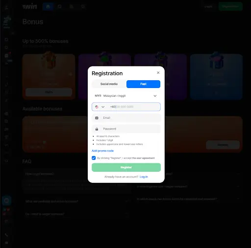 1win registration form to claim your bonus