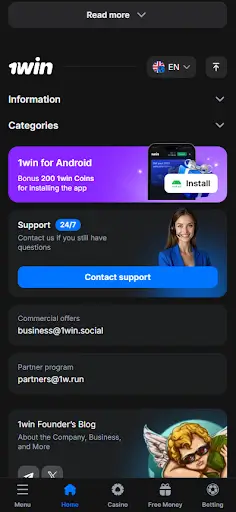 Install 1win Android app via mobile site and receive 200 1win coins